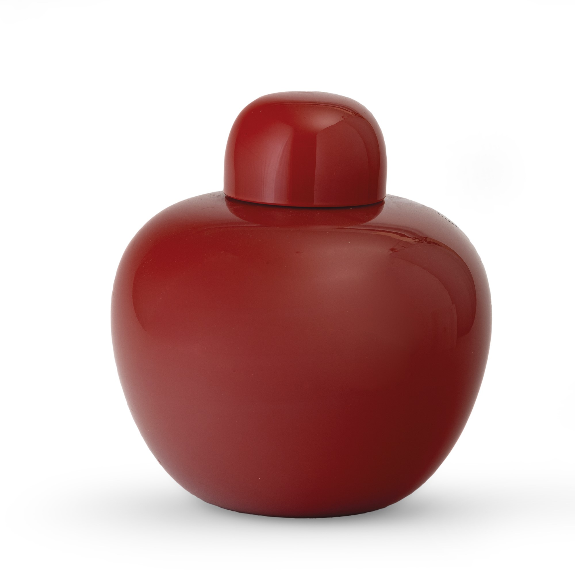 Venini, Vaso con coperchio, vetro opalino rosso (serie Cinesi), Murano 1987