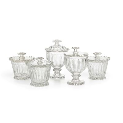 Cinque Contenitori con Coperchio. Francia, Probabilmente Baccarat, 1900 Circa.