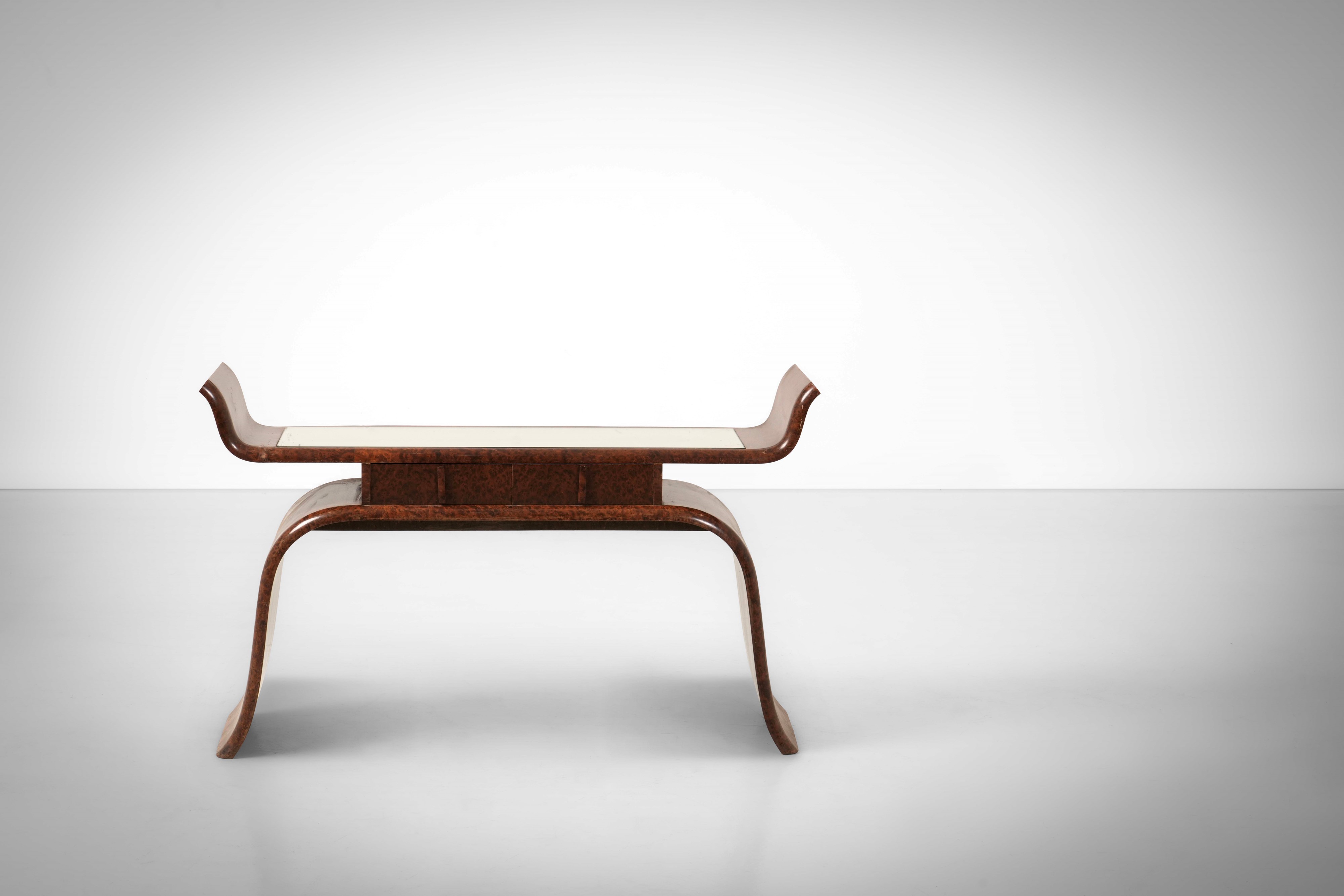 Console in radica con piano in cristallo specchiato, Italia, circa 1940