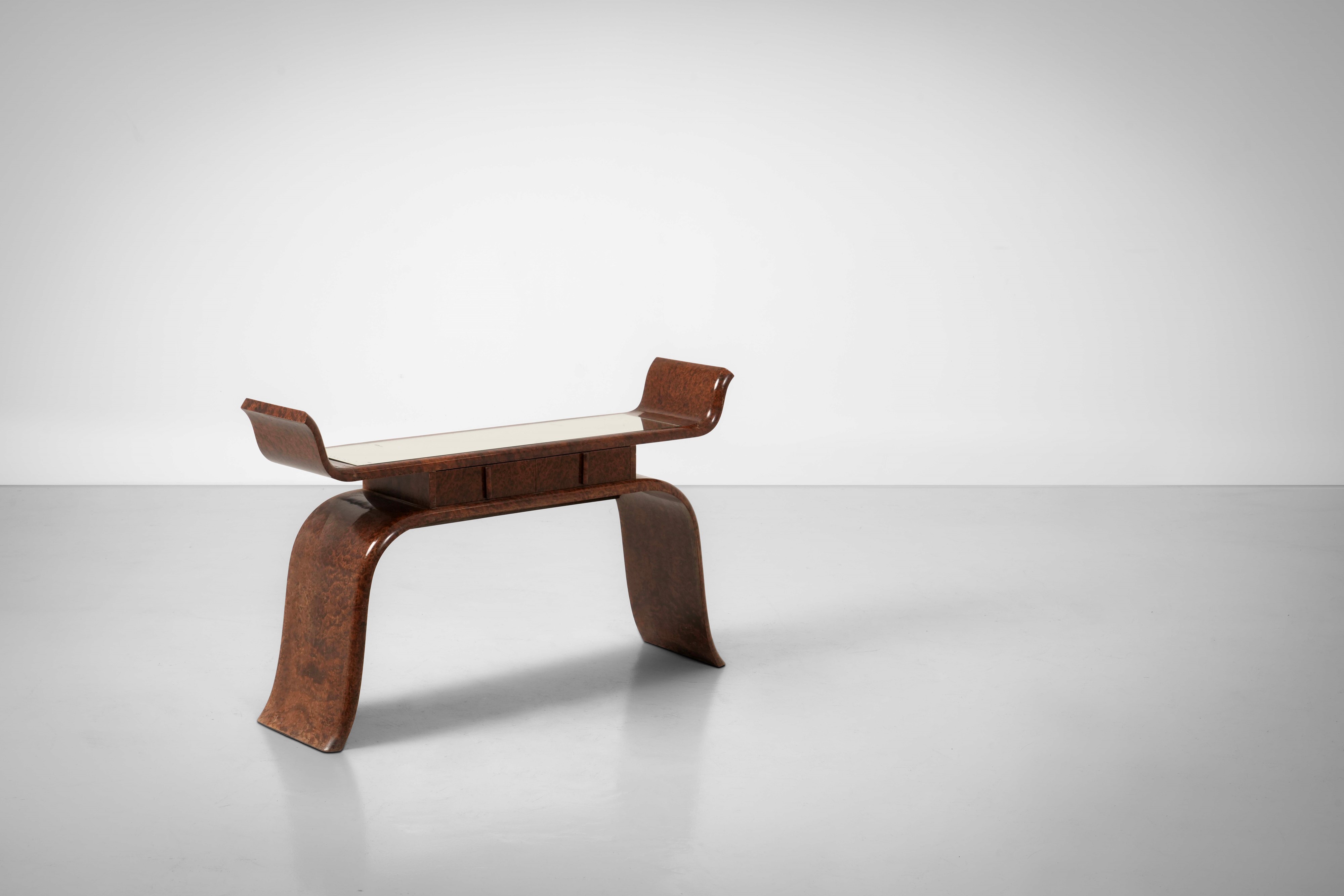 Console in radica con piano in cristallo specchiato, Italia, circa 1940