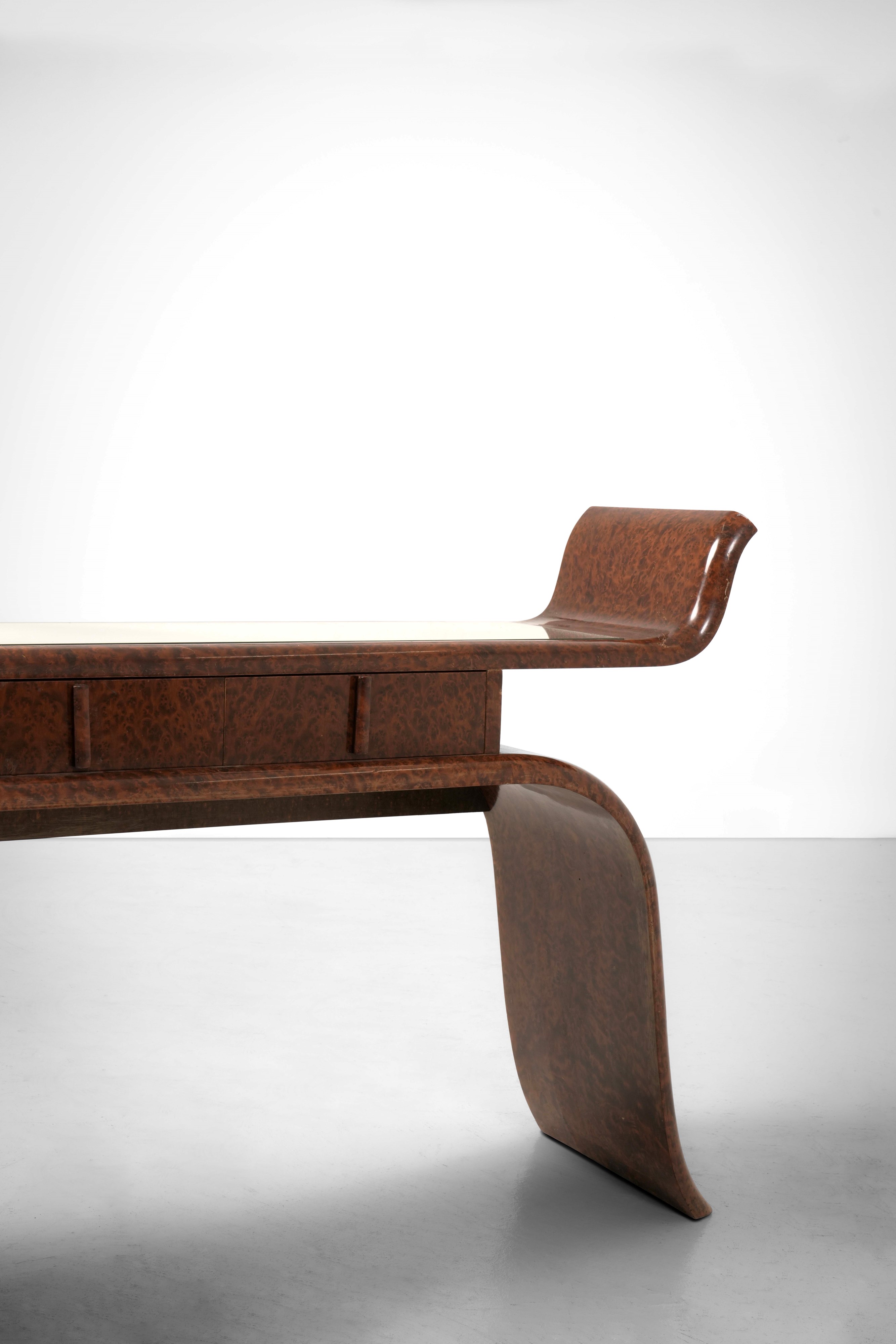 Console in radica con piano in cristallo specchiato, Italia, circa 1940