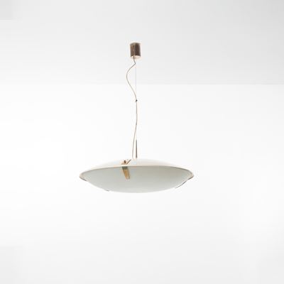 Lampada a sospensione mod. 1140 in ottone e vetro acidato