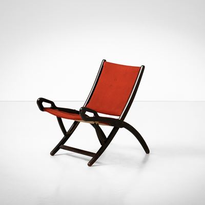 Poltrona pieghevole modello Ninfea, legno e ottone, rivestimento in tessuto