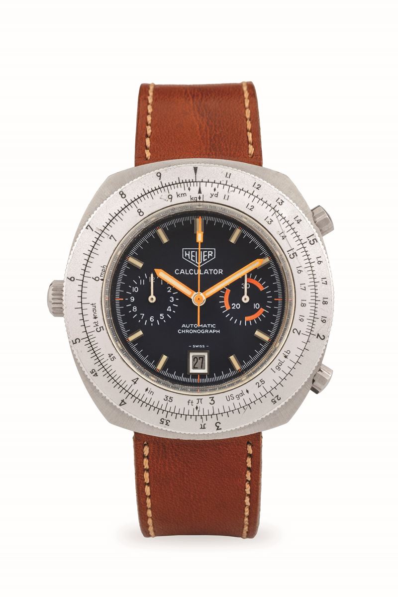 Heuer : Calculator chronograph in steel, blue dial with orange hands, circa 1970  - Auction Wristwatches - Cambi Casa d'Aste
