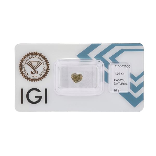 Heart-cut diamond weighing 1.03 carats, fancy greenish brownish yellow, clarity SI2, fluorescence none. Gemmological Report IGI Antwerp n. 715502060