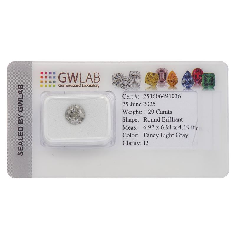 Brilliant-cut diamond weighing 1.29 carats, fancy light gray, clarity I2, fluorescence medium. Gemmological Report GWLAB n. 253606491036  - Auction Jewels - Cambi Casa d'Aste