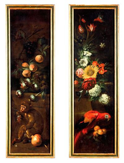 Natura morta con frutta, fiori, scimmia e pappagallo, olio su tela