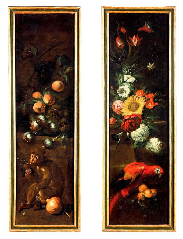 Stefano Camogli detto il Camoglino - Nature morte con frutta, fiori, scimmia e pappagallo