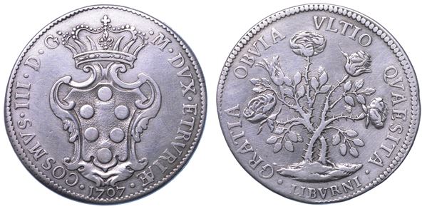 LIVORNO. COSIMO III DE' MEDICI, 1670-1723. Pezza della Rosa 1707.