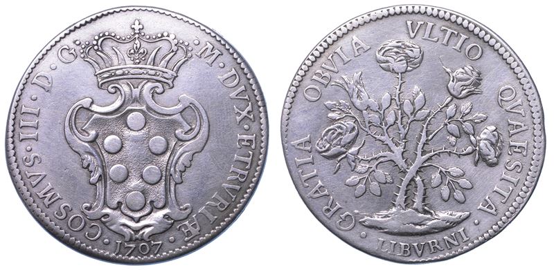 LIVORNO. COSIMO III DE' MEDICI, 1670-1723. Pezza della Rosa 1707.  - Auction Light Numismatics - Cambi Casa d'Aste