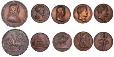 Napoleone I, Lotto di cinque medaglie storiche, 1804-1815, bronzo