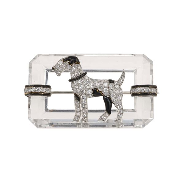 Spilla "terrier" con cristallo di rocca, diamanti ed inserti in smalto nero