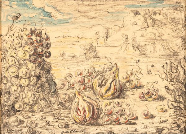 Giorgio De Chirico - Vita silente di frutta in un paese