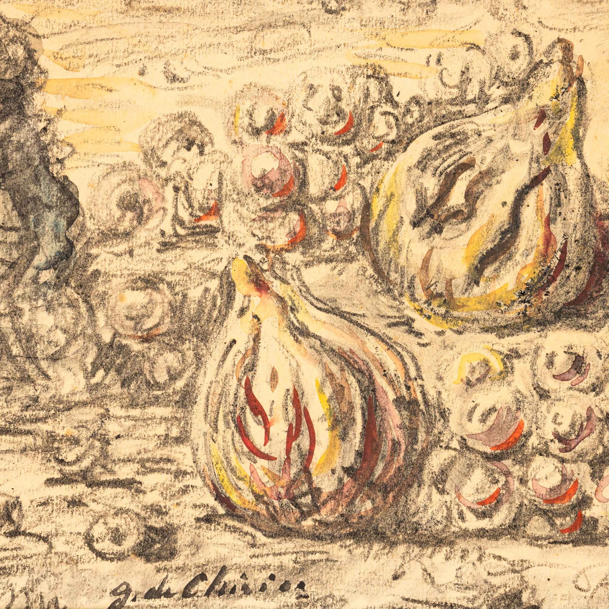 Giorgio De Chirico - Vita silente di frutta in un paese, tempera su carta