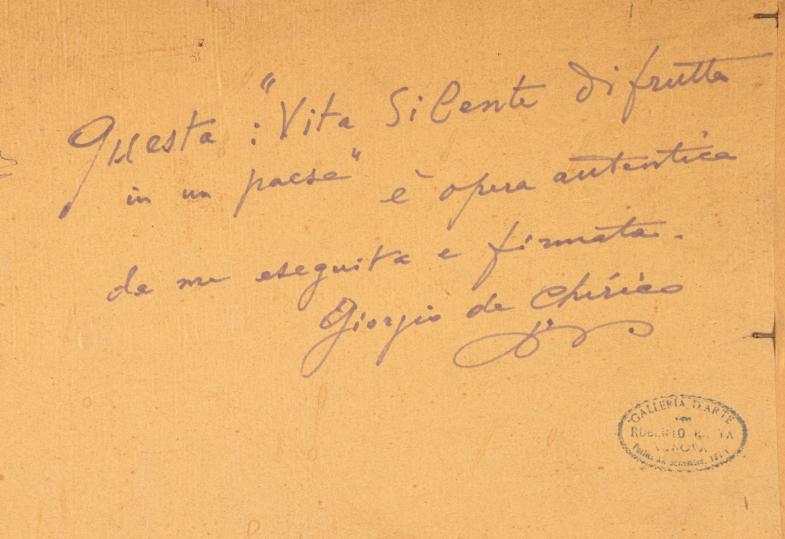 Giorgio De Chirico - Vita silente di frutta in un paese, tempera su carta