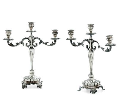 Coppia di Candelabri a Tre Fiamme. Argenteria Italiana del XX Secolo