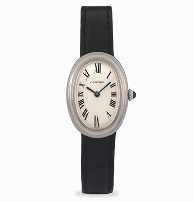 Orologio Baignoire in oro bianco 18k con quadrante bianco e numeri romani, circa 1980