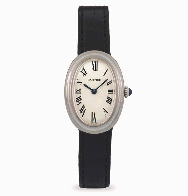 Cartier - Rare Baignoire in 18k white gold, white dial with Roman numerals and original buckle, circa 1980