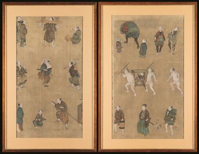 Giappone, periodo Edo, Coppia di dipinti su seta con scene di vita comune