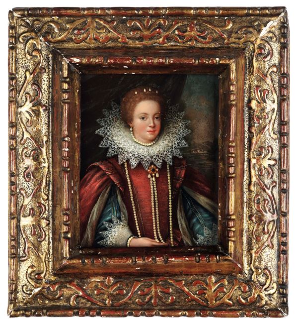 Scuola del XVII secolo Ritratto di gentildonna con veste rossa e collana di perle