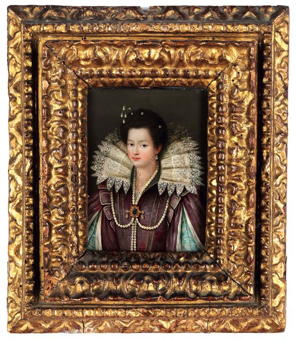 Scuola del XVII secolo Ritratto di gentildonna con colletto in pizzo e monili di perle