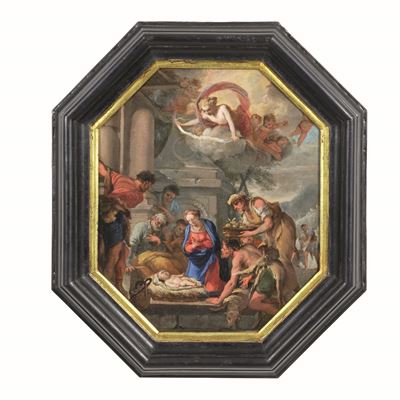 Scuola veneta del XVII secolo, Adorazione dei pastori, olio su rame ottagonale