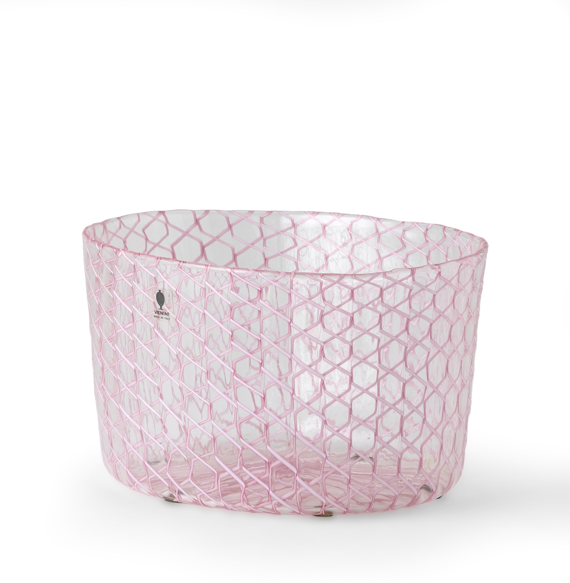 Venini, Coppa in vetro soffiato con decoro a canne zanfirico rosa (1981)