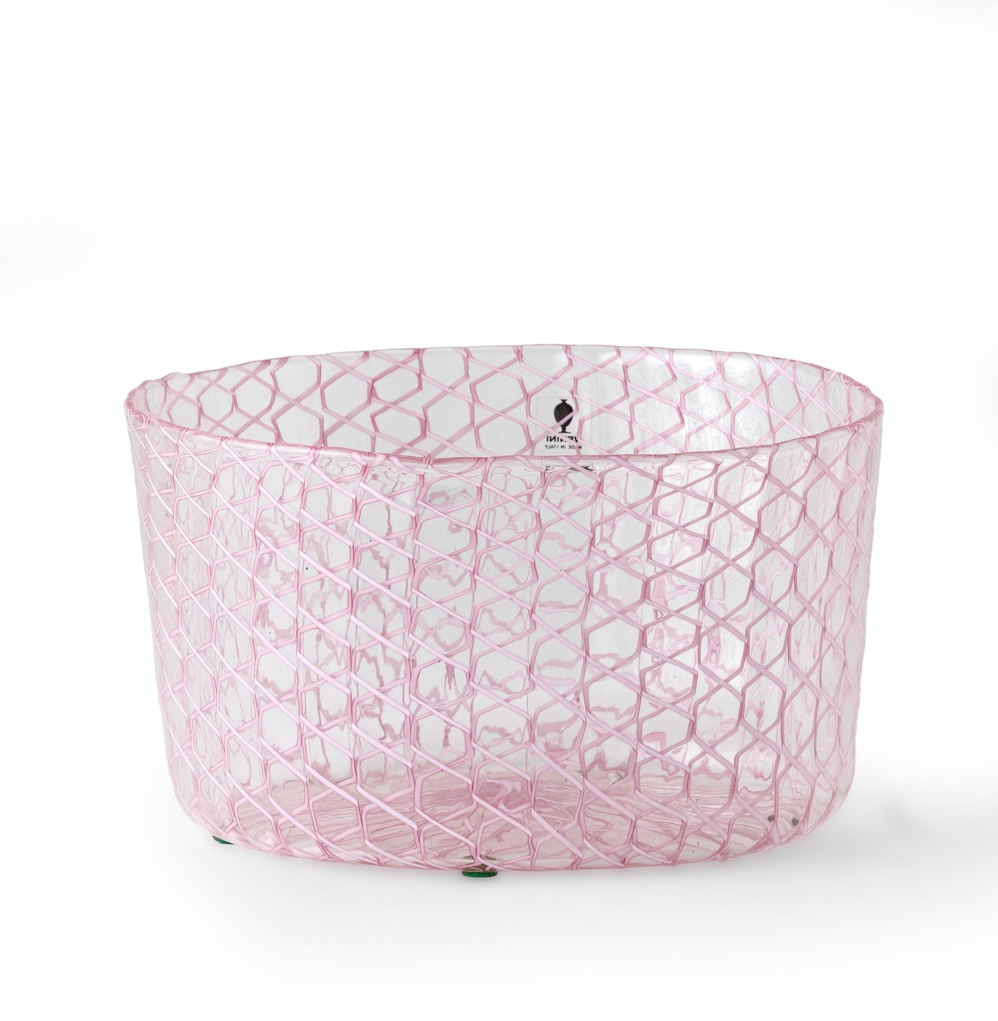 Venini, Coppa in vetro soffiato con decoro a canne zanfirico rosa (1981)