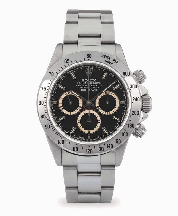 Daytona “Zenith” ref. 16520, quadrante nero con contatori bianchi virati e bracciale Oyster, scatola  [..]