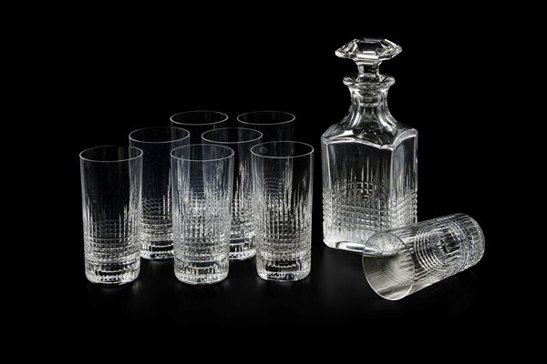 Otto highball con bottiglia “Nancy” Francia, Manifattura Baccarat, XX secolo