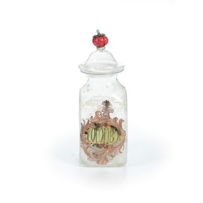 Vaso da farmacia in vetro con coperchio, cm 12,5 x 12,5 x 36,5