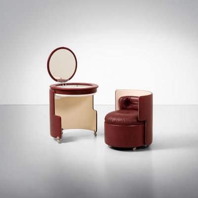 Toilette e poltrona mod. Dilly Dally, legno e pelle, 1968