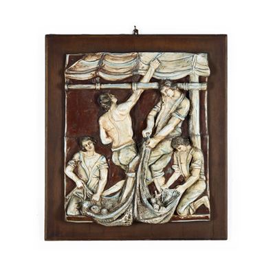 Walter Dell’Anese, Pannello con figure di pescatori, maiolica, anni '60 del XX secolo