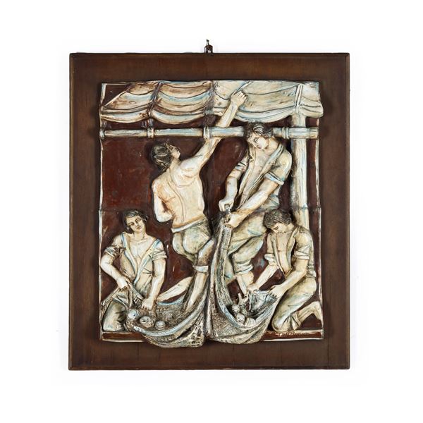 Pannello con figure di pescatori. Walter Dell’Anese, Chiusa Pesio, anni ‘60 del XX secolo.