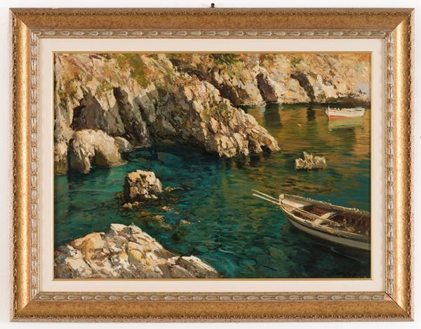 Pittore del XX secolo Scogliera e piccola barca