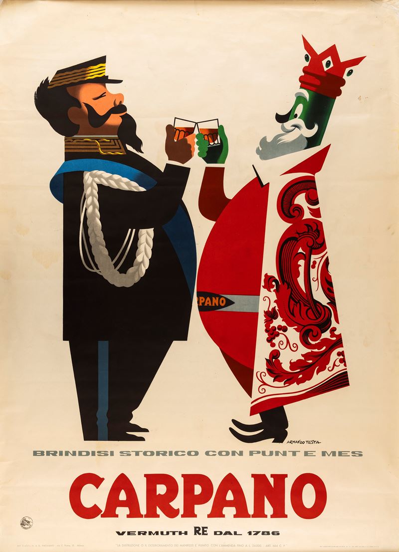 Armando Testa : Carpano - brindisi storico con Vittorio Emanuele  - Auction Vintage Posters and Collectibles - Cambi Casa d'Aste