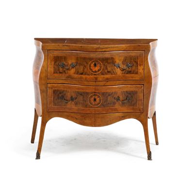 Cassettone in stile lastronato ed intarsiato, cm 96x49x85