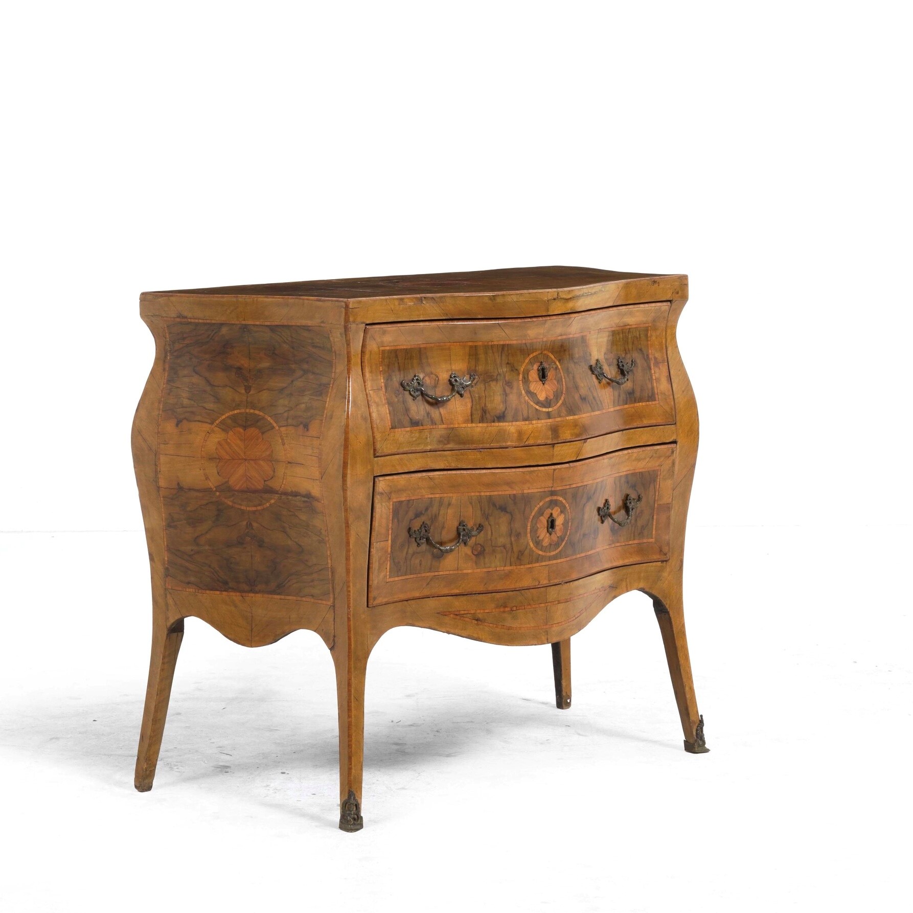 Cassettone in stile lastronato ed intarsiato, cm 96x49x85