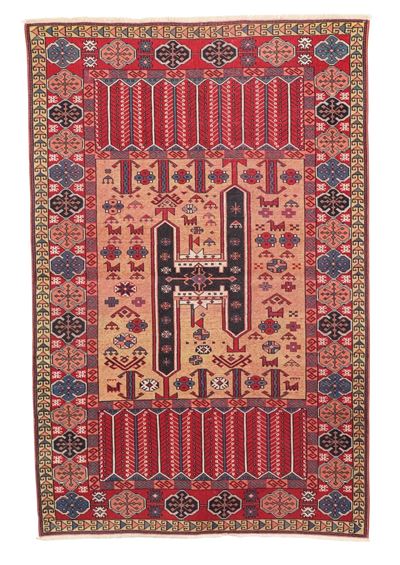 Tappeto Anatolia, metà XX secolo, fondo cammello con decorazioni a rosette
