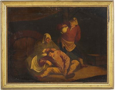Scuola del XVII-XVIII secolo, Interno di locanda, olio su tela