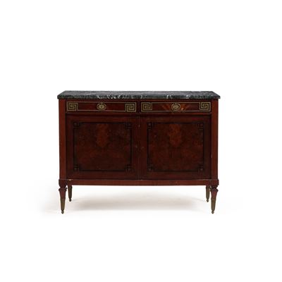 Credenza a due ante lastronata in radica, XIX-XX secolo