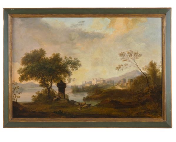 Scuola del XVIII secolo Paesaggio fluviale con pastori e armenti