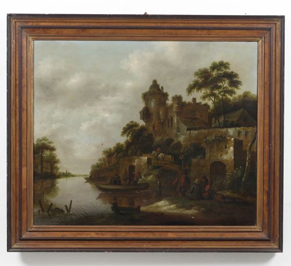Scuola fiamminga del XVIII secolo Paesaggio fluviale con villaggio, pescatori e contadini