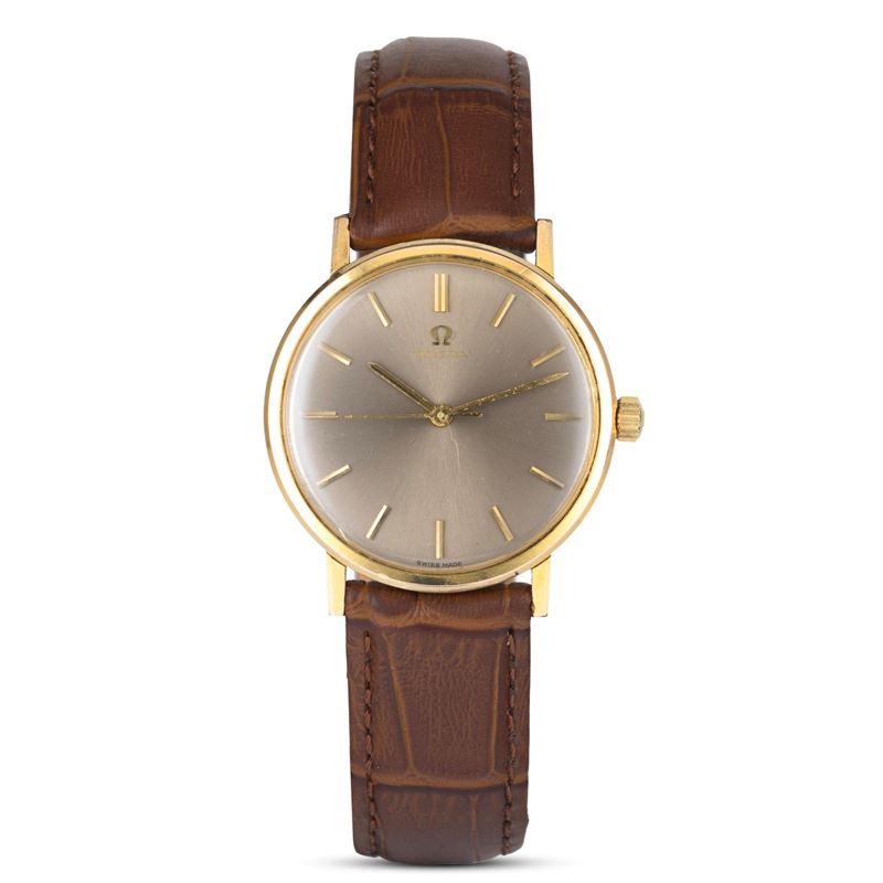 Omega : Solo tempo in acciaio laminato, quadrante grigio soleil con indici applicati e secondi centrali, carica manuale, 34 mm, con scatola originale  - Asta Orologi da Polso - Cambi Casa d'Aste