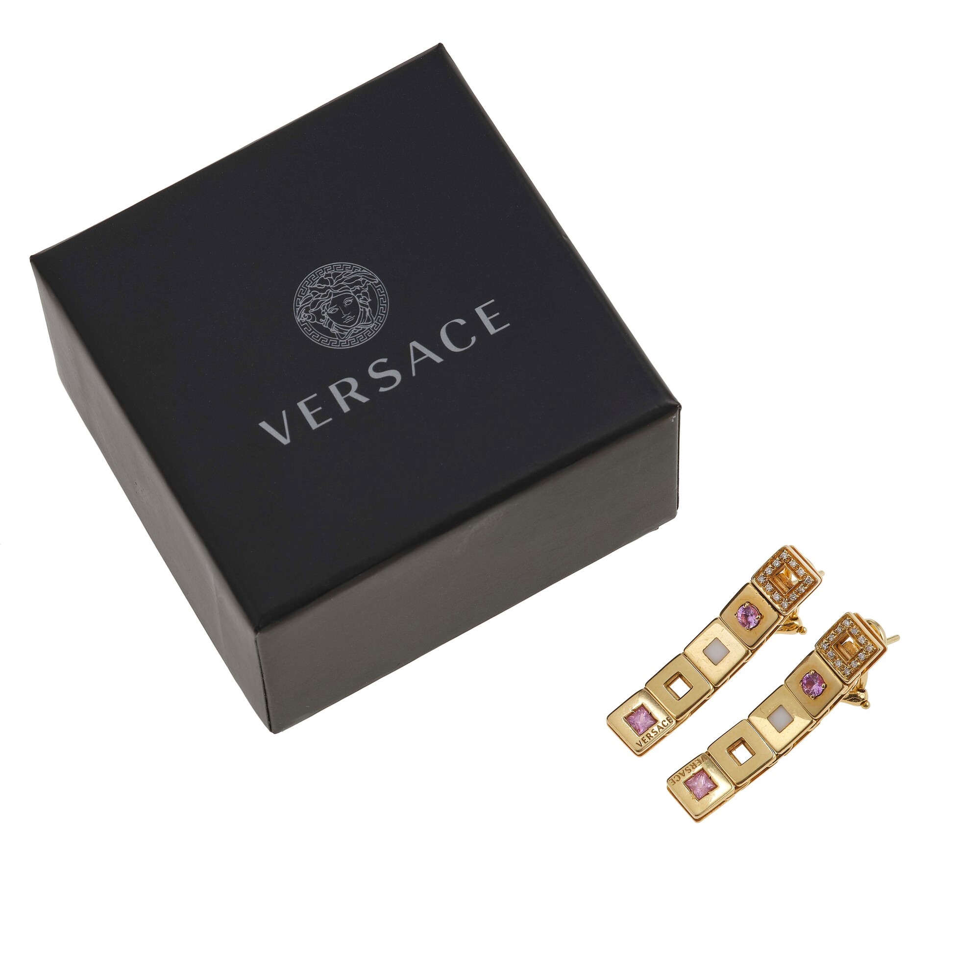 Versace, Orecchini in oro giallo con piccoli diamanti e gemme sintetiche
