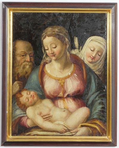 Attribuito alla scuola toscana del XVI secolo, Sacra Famiglia con Santa Chiara, olio su tavola