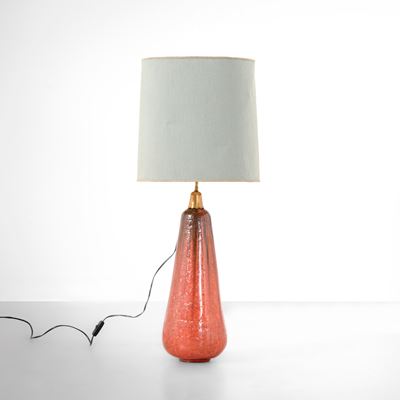 Lampada da tavolo in ceramica smaltata e ottone con paralume in tessuto