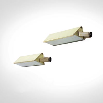 Due lampade a parete in ottone nichelato e vetro satinato