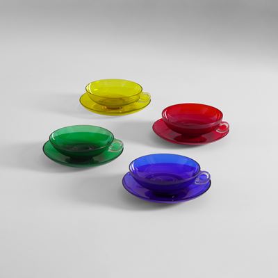 Vetro di Murano colorato, Set di quattro tazze e piattini (produzione italiana, ca. 1960)