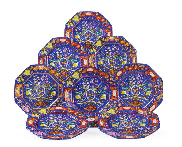 Otto piatti da dessert e tre segnaposto Hermès "Marqueterie de pierres dures d'Orient et d’Occident"  Limoges, verso la fine del XX secolo 